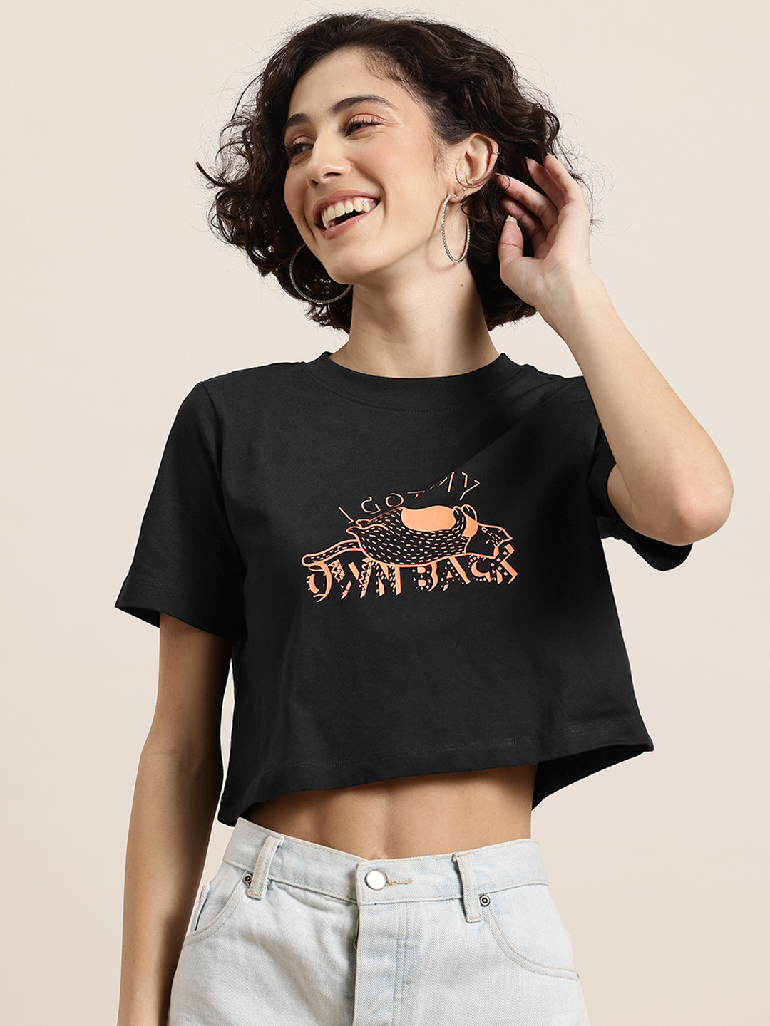 HERE&NOW Curious Cat Women Printed Pure Cotton Crop T-shirt