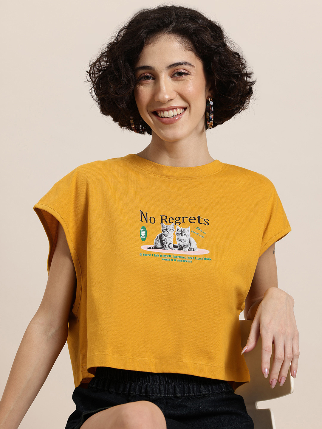 HERE&NOW Curious Cat Women Printed Pure Cotton Crop T-shirt