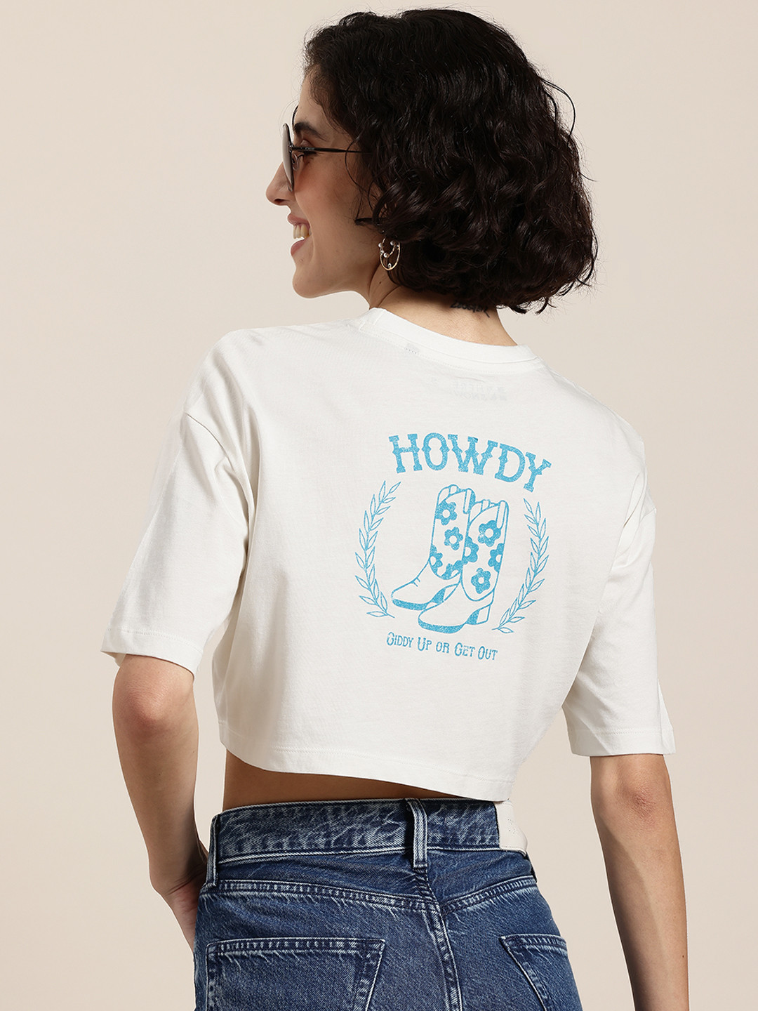 HERE&NOW Printed Drop-Shoulder Sleeves Crop T-shirt