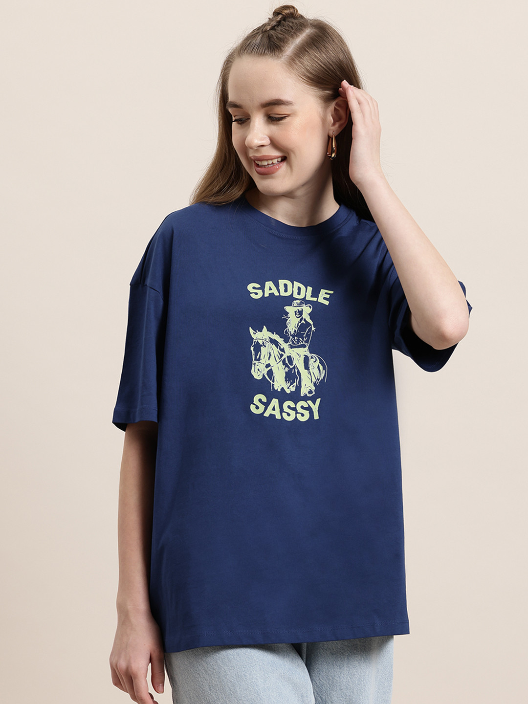 HERE&NOW Rodeo Romance Women Typography Printed Oversized Pure Cotton T-shirt