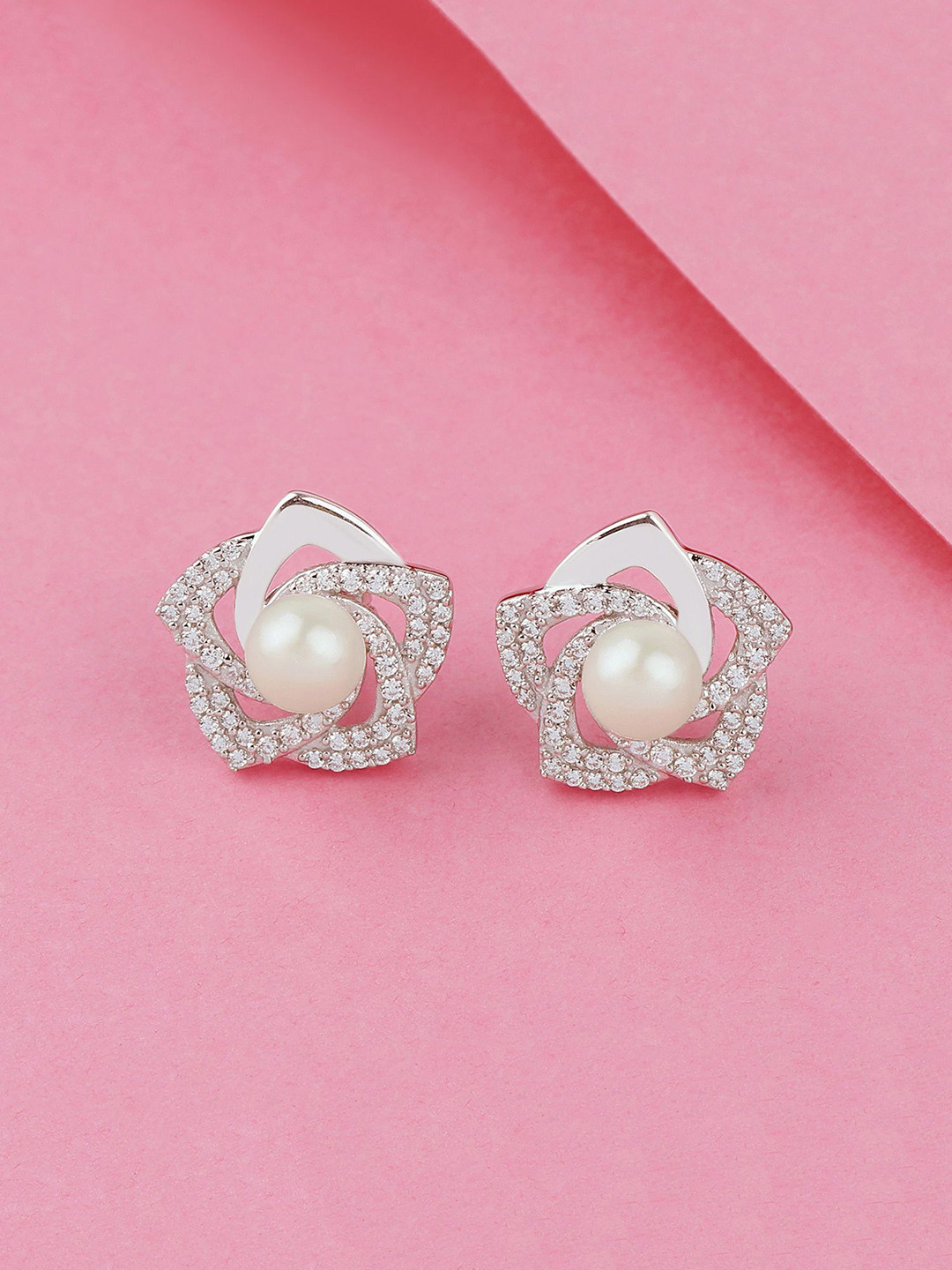 Ornate Jewels 925 Sterling Silver Freshwater Pearl Flower Stud Earring
