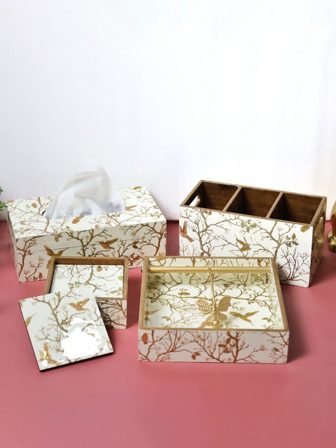 CasaGold White 9 Pieces Floral Printed Coasters With Wooden Tissue Holder & Cutlery Stand