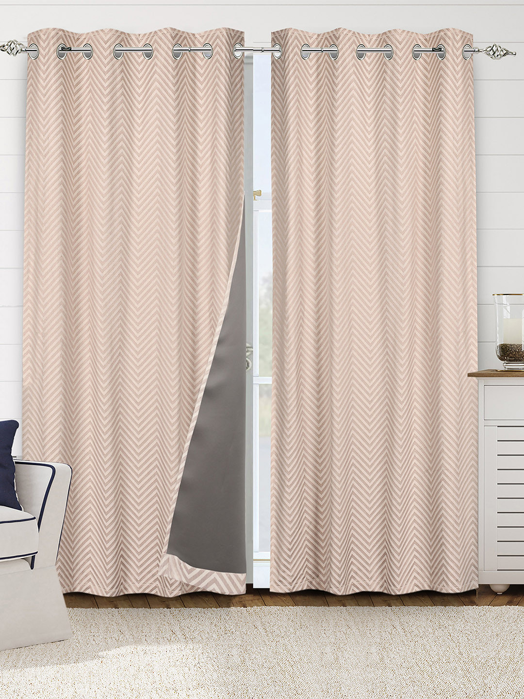 Saral Home Beige & Cream Colored 2 Pieces Chevron Woven Cotton Black Out Door Curtains