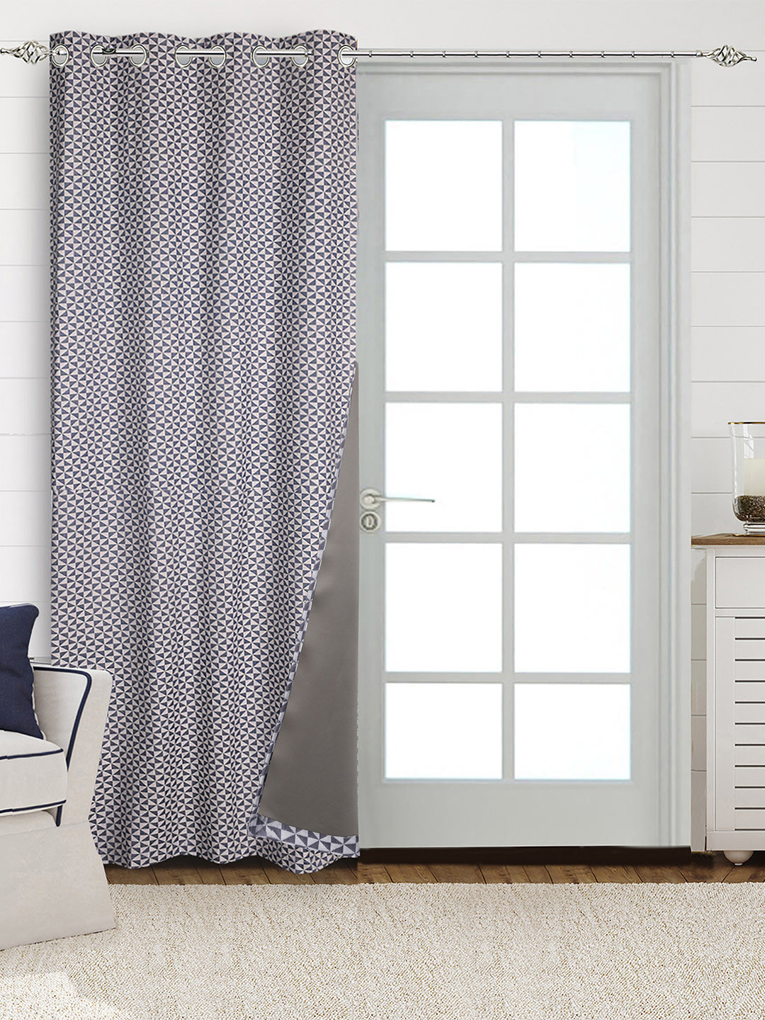 Saral Home Blue & White Geometric Woven Design Cotton Black Out Long Door Curtain