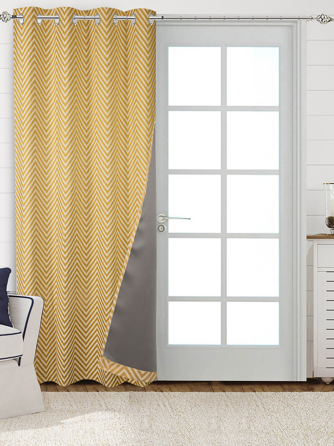 Saral Home Yellow & Off White Chevron Woven Design Cotton Black Out Door Curtain