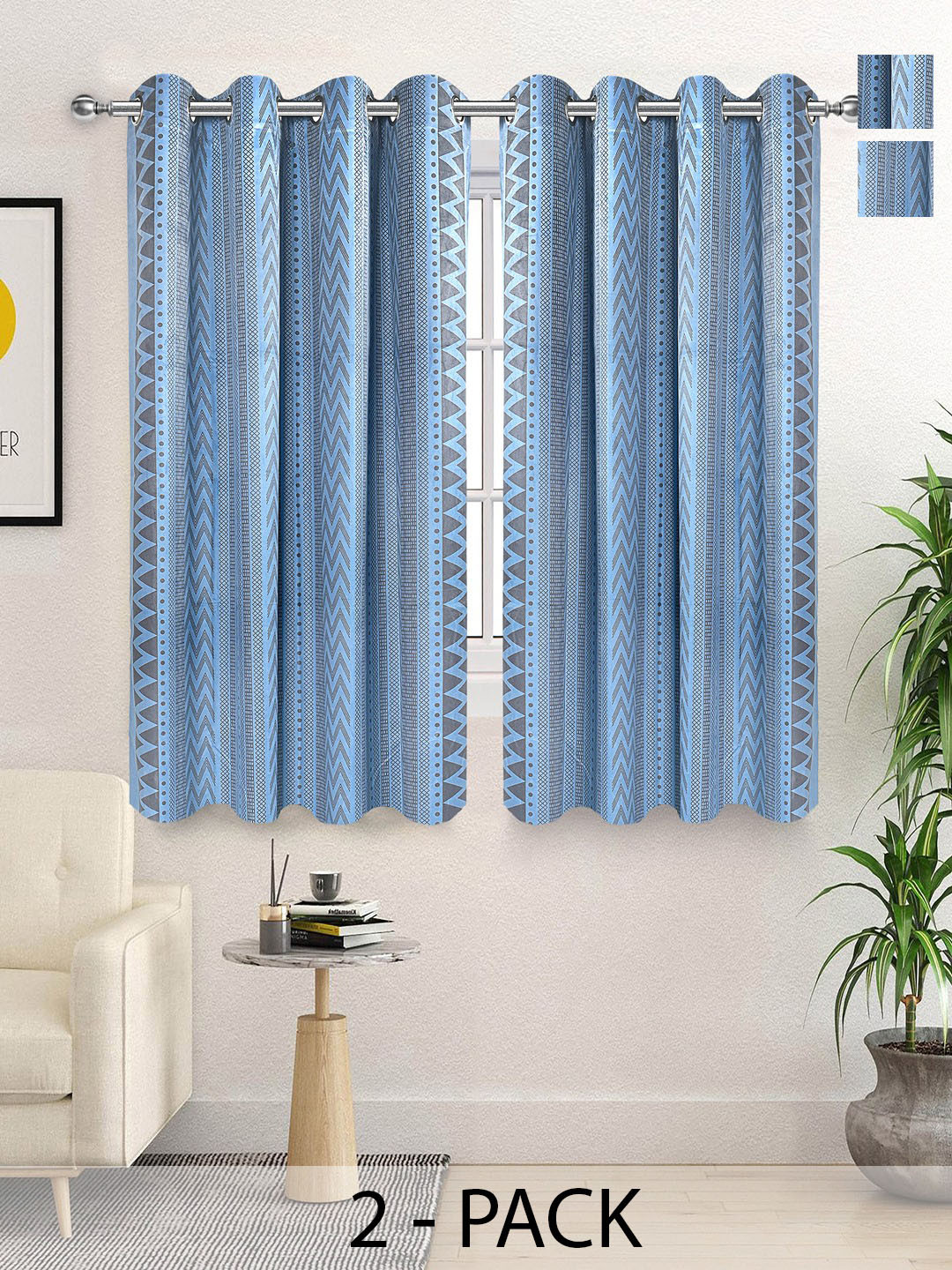 Saral Home Blue & Grey 2 Pieces Geometric Woven Velvet Room Darkening Window Curtain