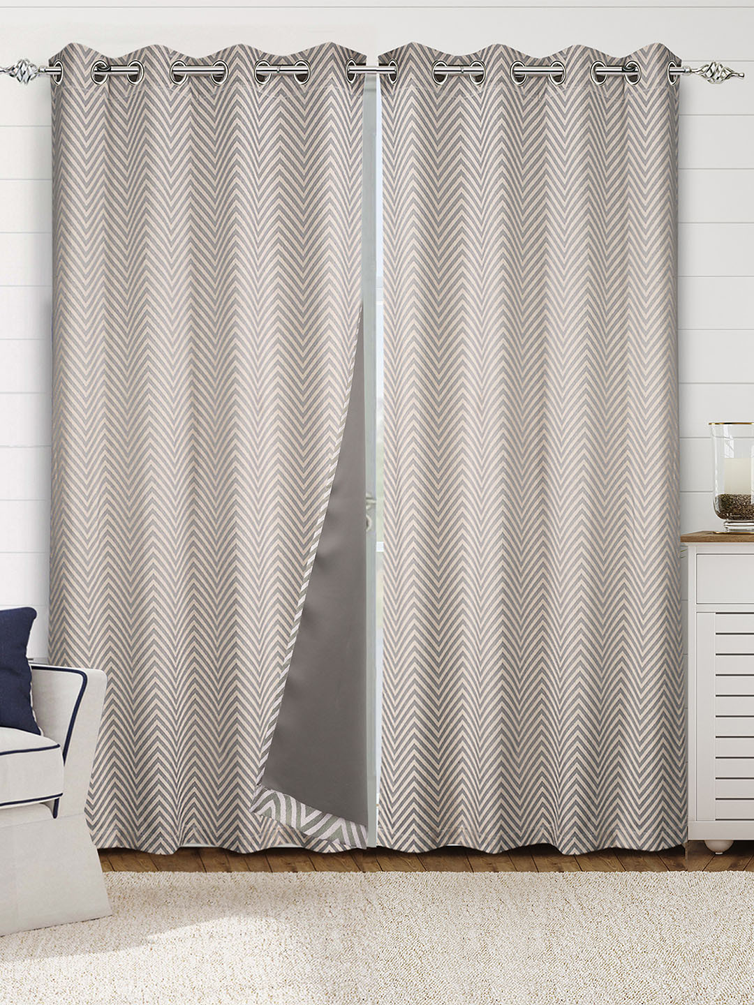 Saral Home Grey & Off White 2 Pieces Chevron Woven Design Cotton Black Out Door Curtains