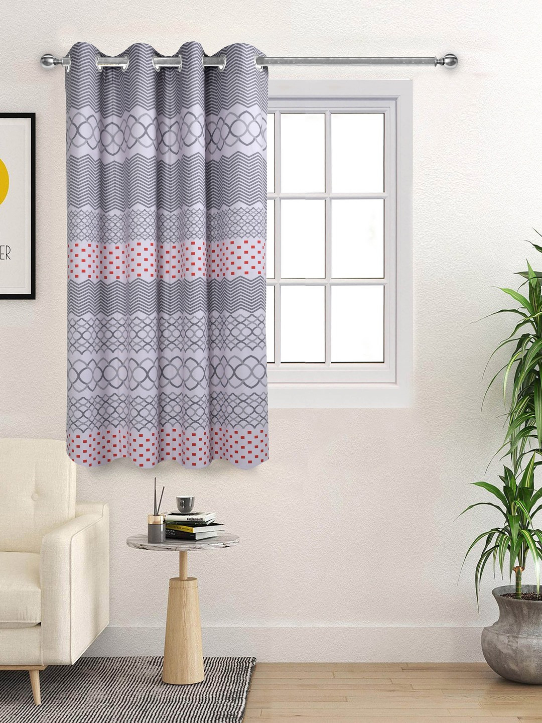 Saral Home Silver-Toned & Grey Geometric Room Darkening Window Curtain