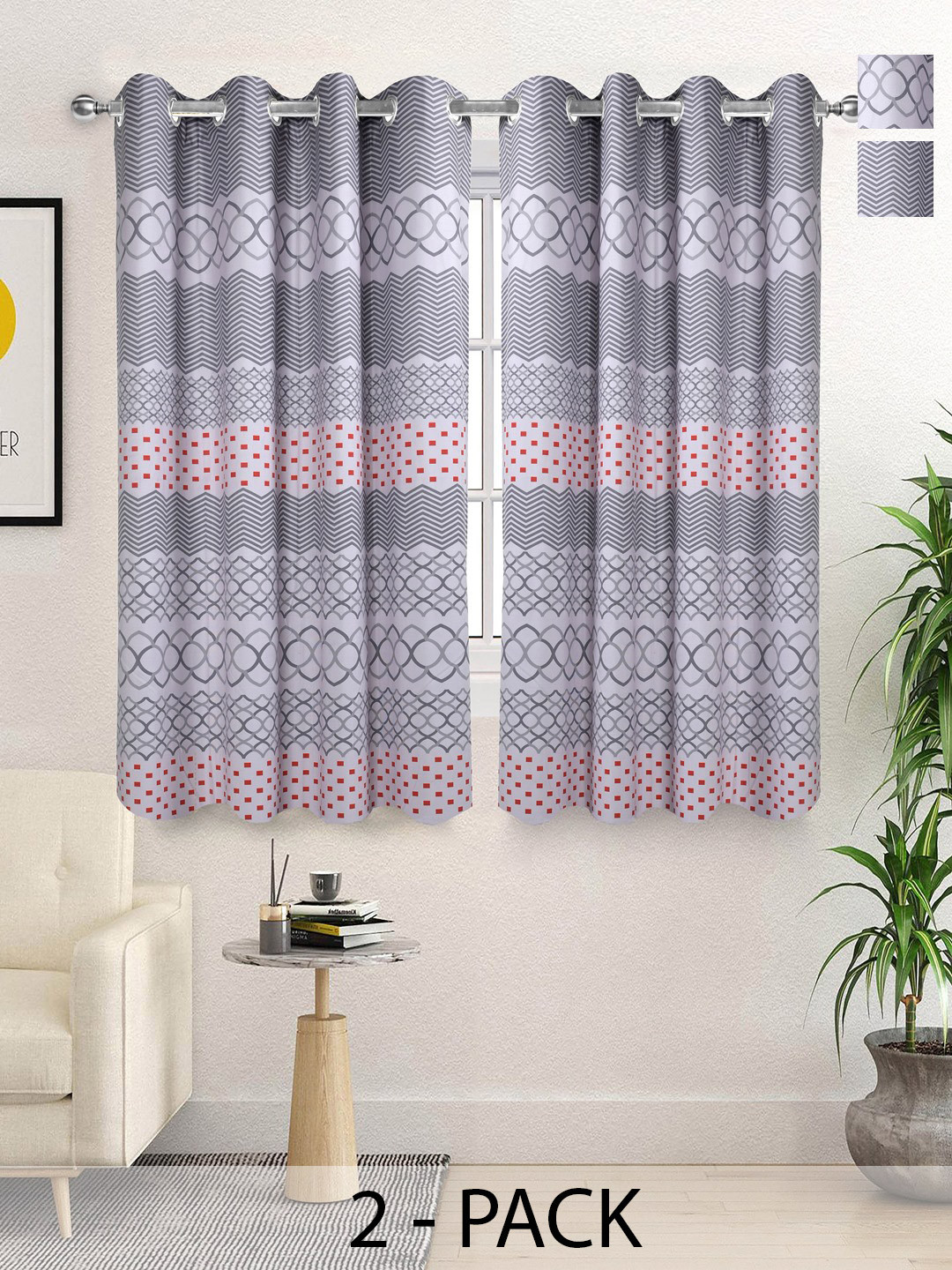 Saral Home Silver-Toned & Grey 2 Pieces Geometric Room Darkening Window Curtain