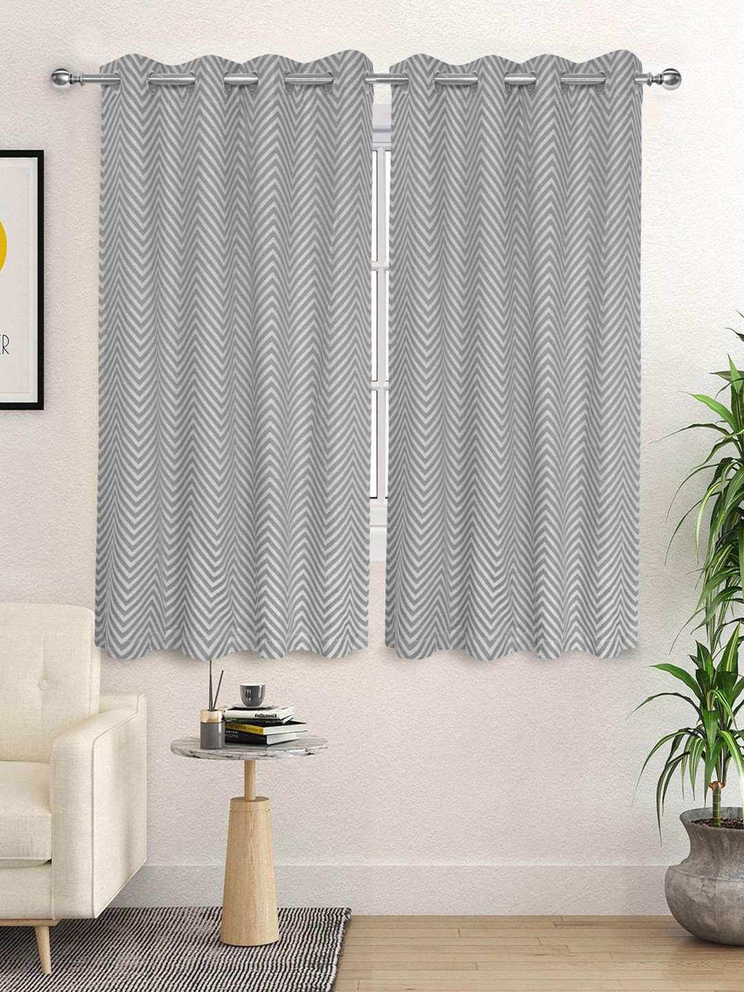 Saral Home Grey & Off White 2 Pieces Geometric Room Darkening Cotton Window Curtain