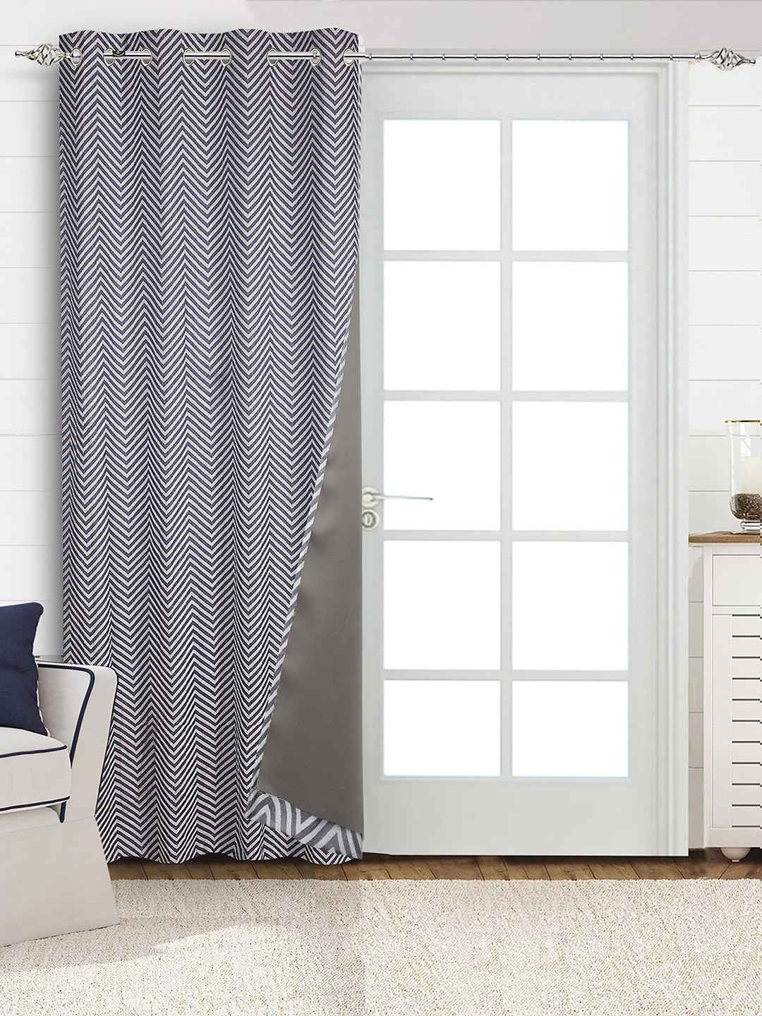 Saral Home Blue & White Chevron Woven Design Cotton Black Out Long Door Curtain