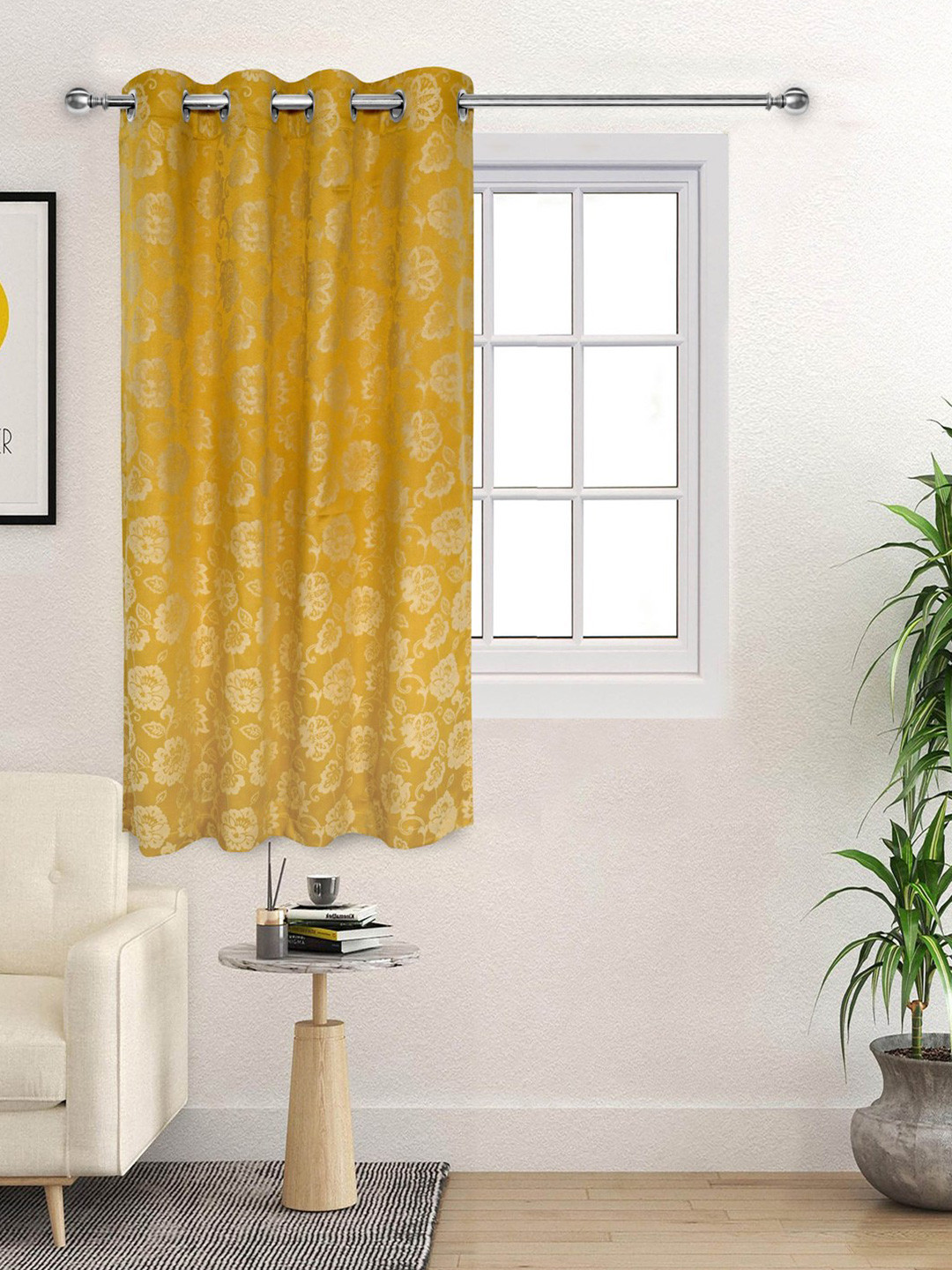 Saral Home Yellow Floral Woven Design Cotton Room Darkening Window Curtain