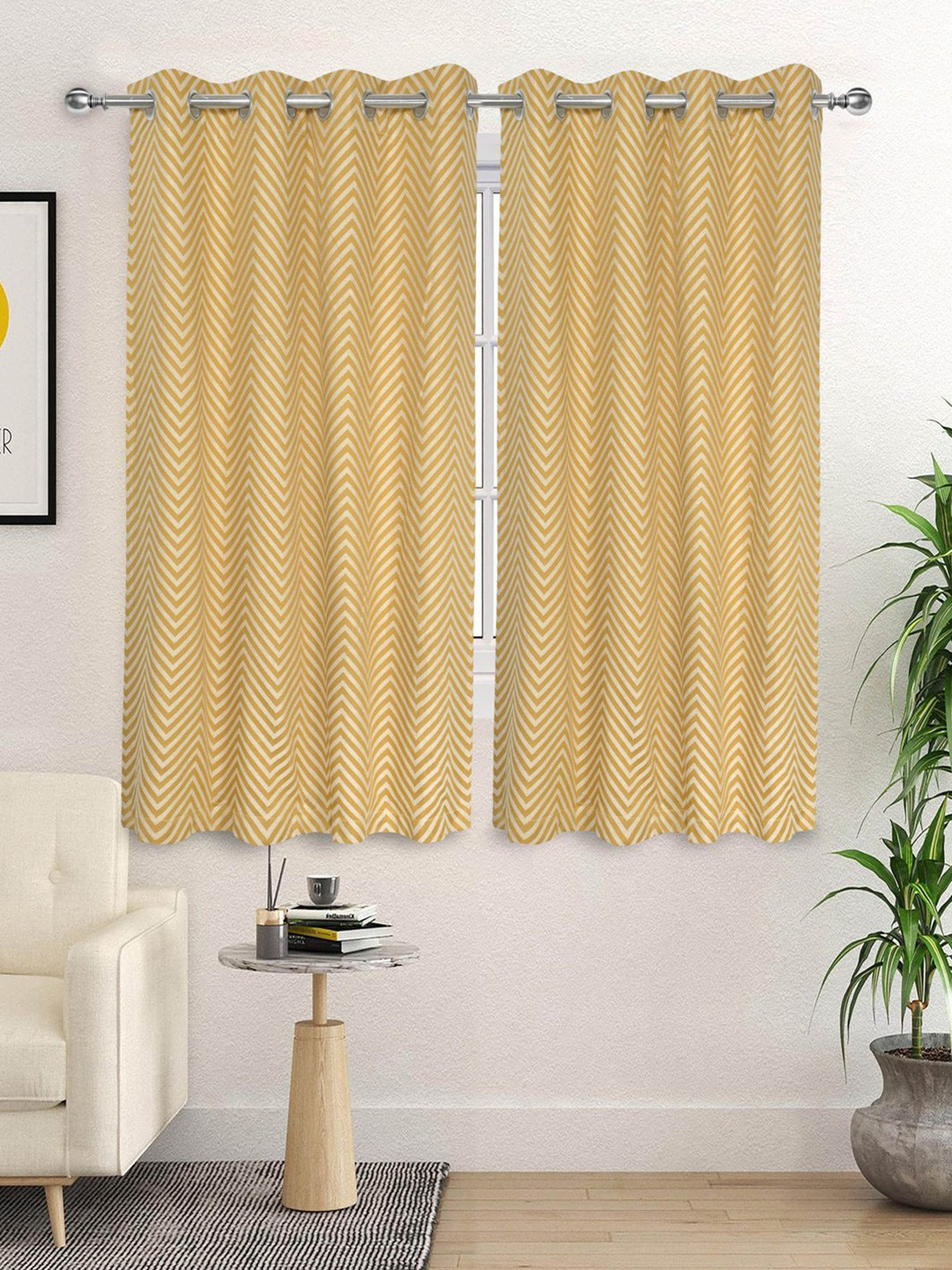 Saral Home Yellow & Off White 2 Pieces Chevron Woven Design Room Darkening Window Curtains