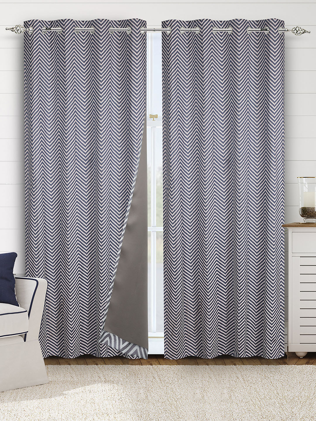 Saral Home Blue & White 2 Pieces Chevron Black Out Cotton Long Door Curtain