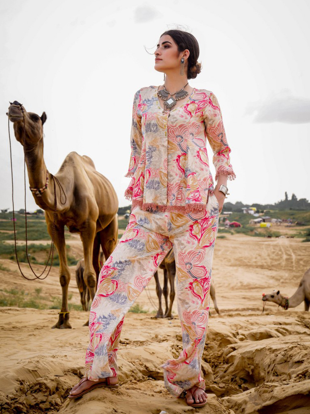 CUSTARD Floral Printed V-Neck Top With Trousers