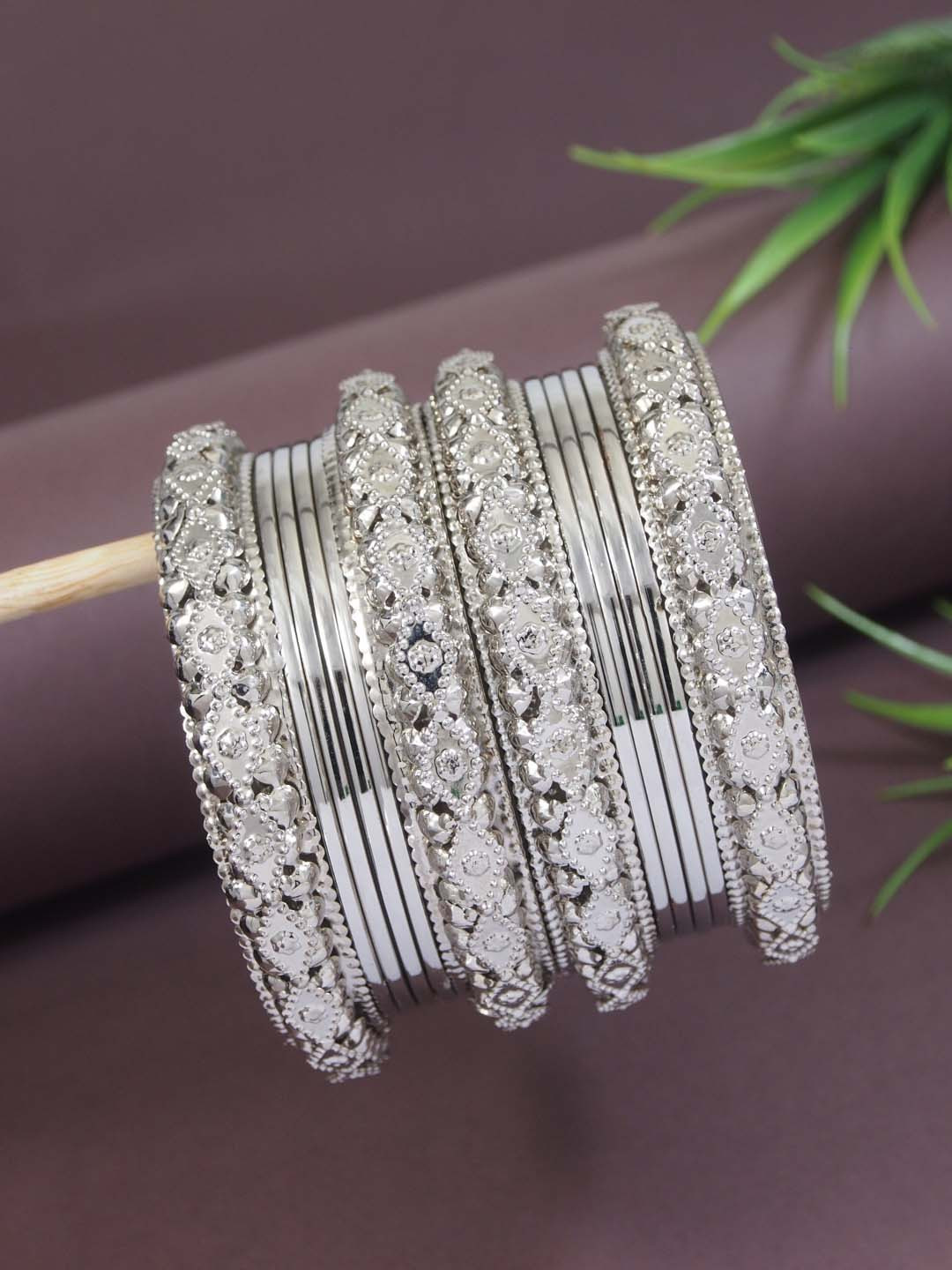 I Jewels Set Of 12 Silver-Plated Navratri Ethnic Bangles