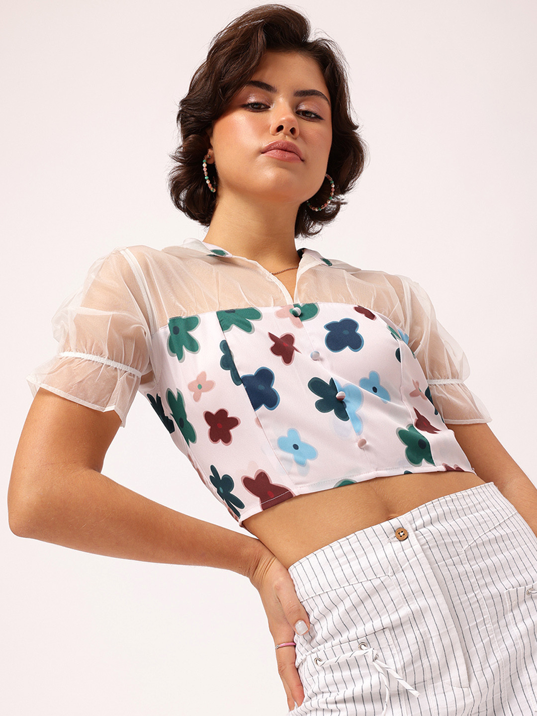 DressBerry Sheer Floral Printed Shirt Style Crop Top