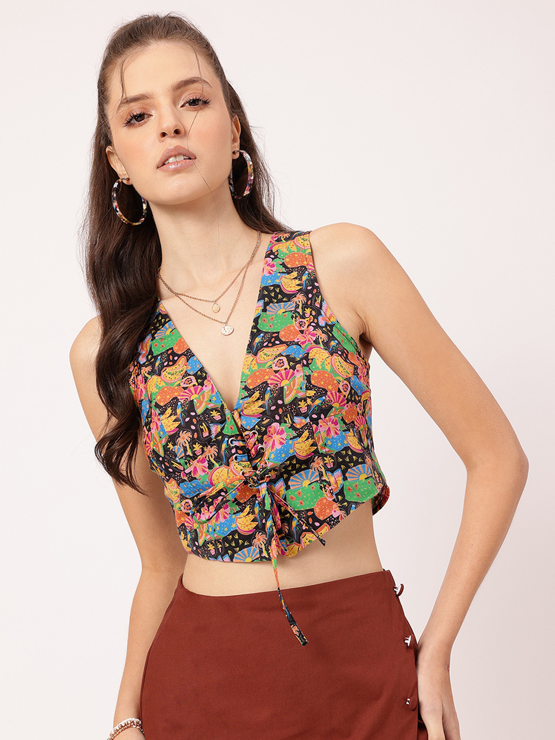 DressBerry Printed Lace-Up Waistcoat Style Crop Top