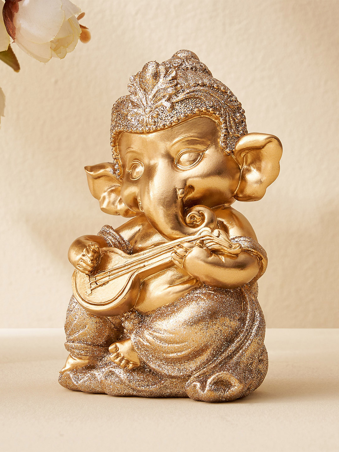 Home Centre Ganesha with Sitar Gold Polyresin Glossy Prayer Room Small Showpiece - 4.9 Inches