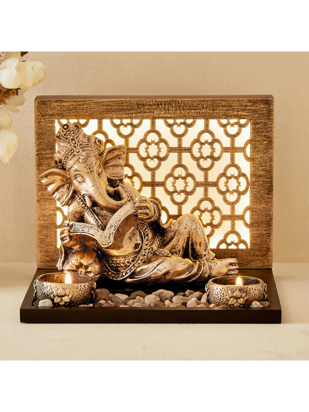 Home Centre Ganesha with T-Light Holders Gold Polyresin Natural Prayer Room Lights Set of 4 Small Showpieces - 6.7 Inches