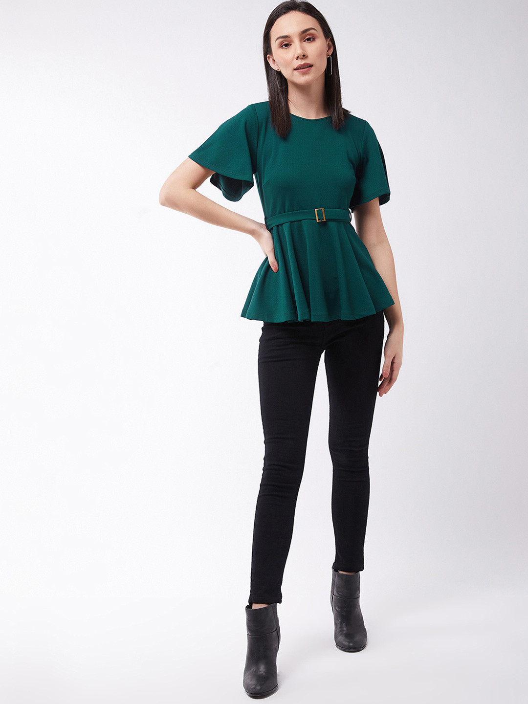 Chemistry Green Solid Polyester Slim Fit Round Neck Short Sleeve Regular Length Top