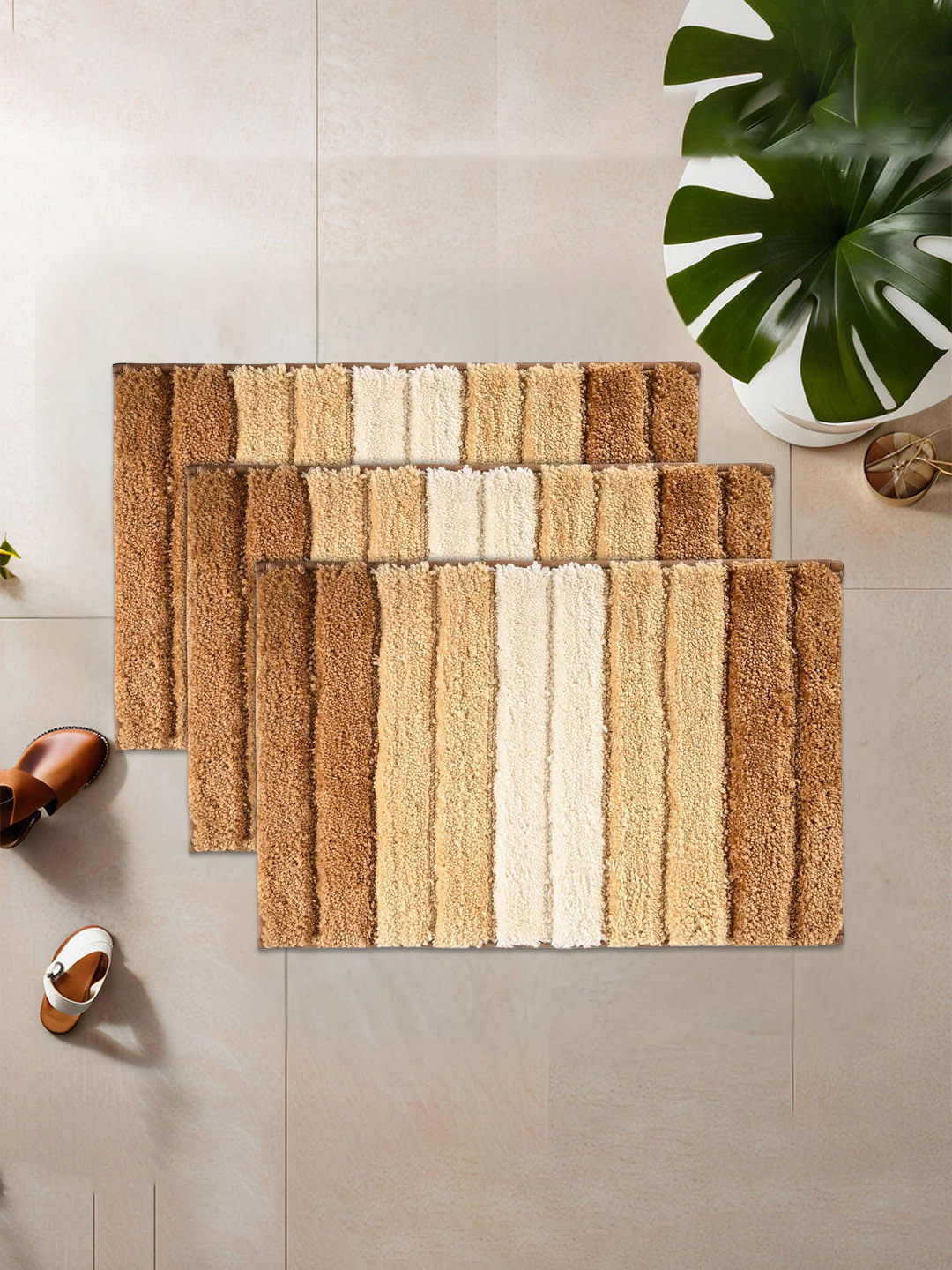 Kuber Industries Cream-Color & Brown 3 Pieces Textured Microfiber Anti-Skid Doormats