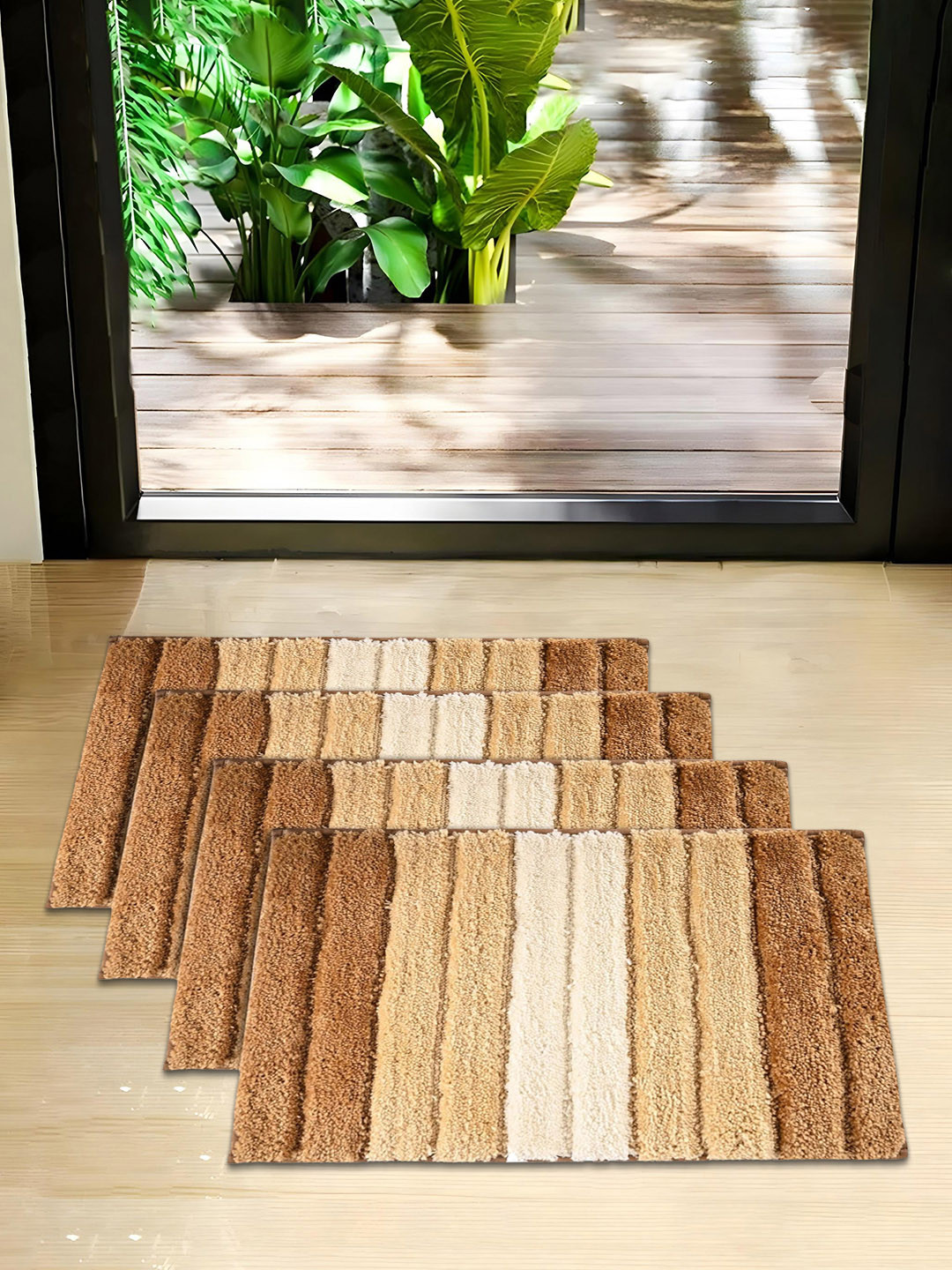 Kuber Industries Cream-Color & Brown 4 Pieces Textured Anti-Skip Doormats