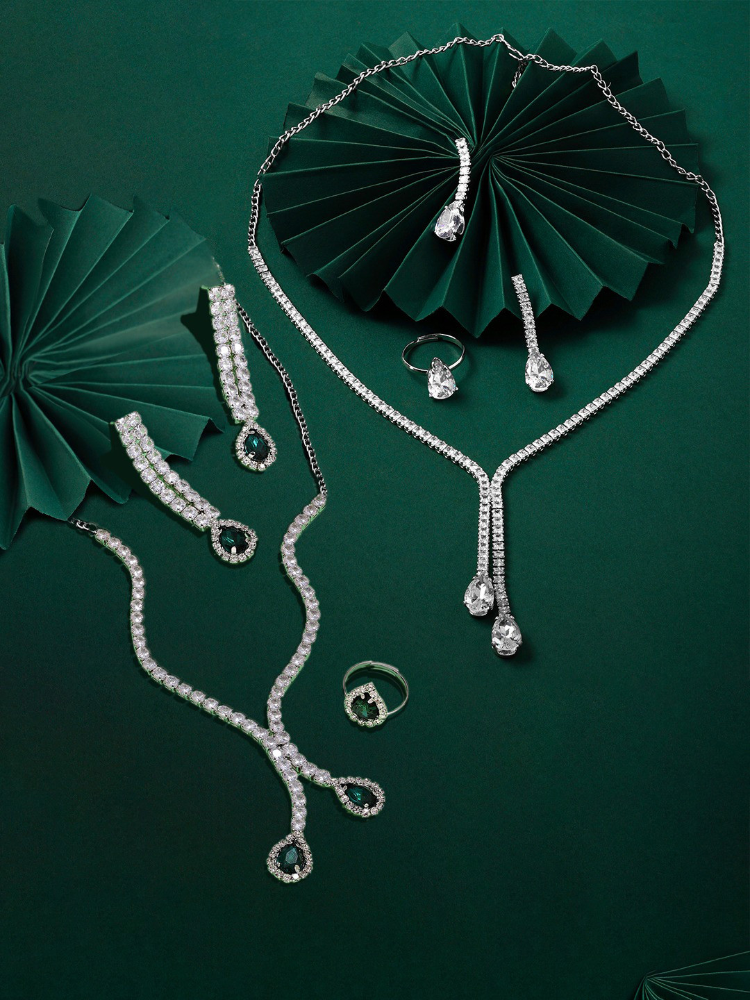 Zaveri Pearls Set Of 2 Sliver Plated Austrian Diamond Stone Studded Jewellery Set