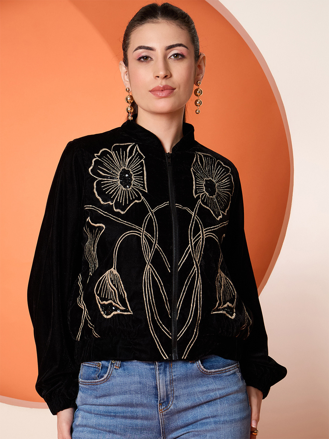 Antheaa Women Velvet Embroidered Bomber Jacket