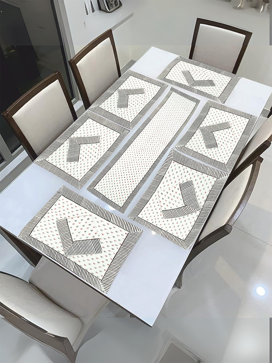 LIVING ROOTS 13-Pcs Luxury Block Print Havey Canvas Cotton White Table Linen Set