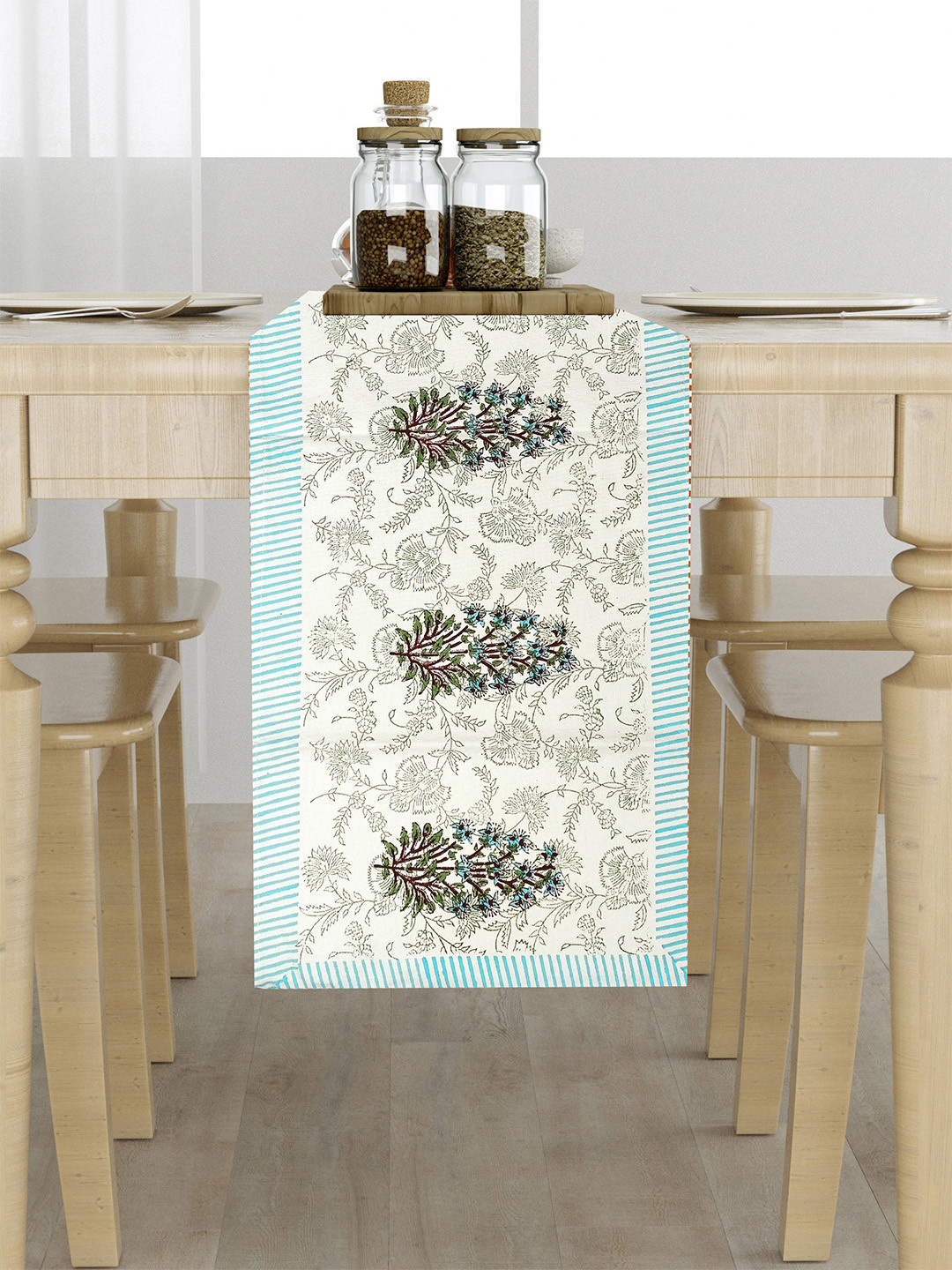 LIVING ROOTS White & Blue Cotton Floral Printed Table Runner