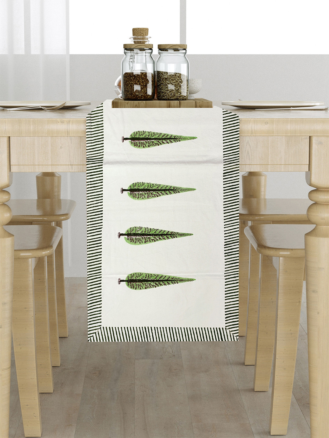 LIVING ROOTS White & Green Tropical Printed Cotton Table Runner