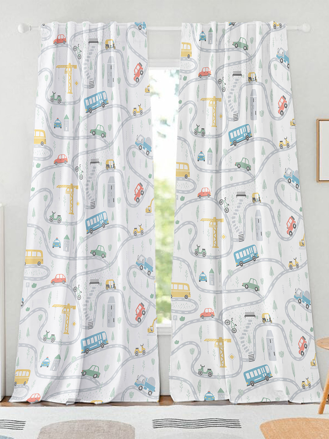 Tranquebar Home White & Blue 2 Pieces Conversational Printed Cotton Window Curtain