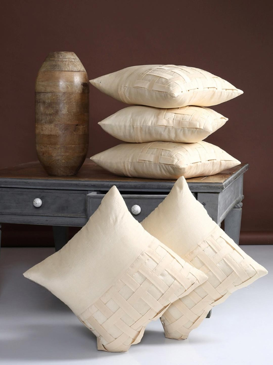 Myntra Elegant Homes Gold-Toned 5 Pieces Textured Square Cushion Covers