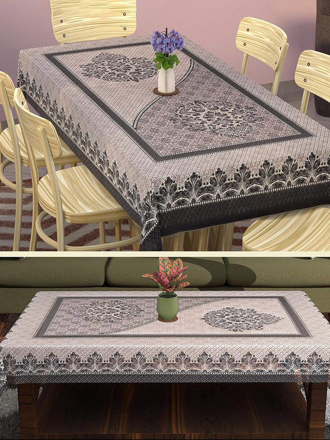 Kuber Industries Black & Lavender Colour 2 Pcs Floral Printed Cotton 6-Seater Table Cover