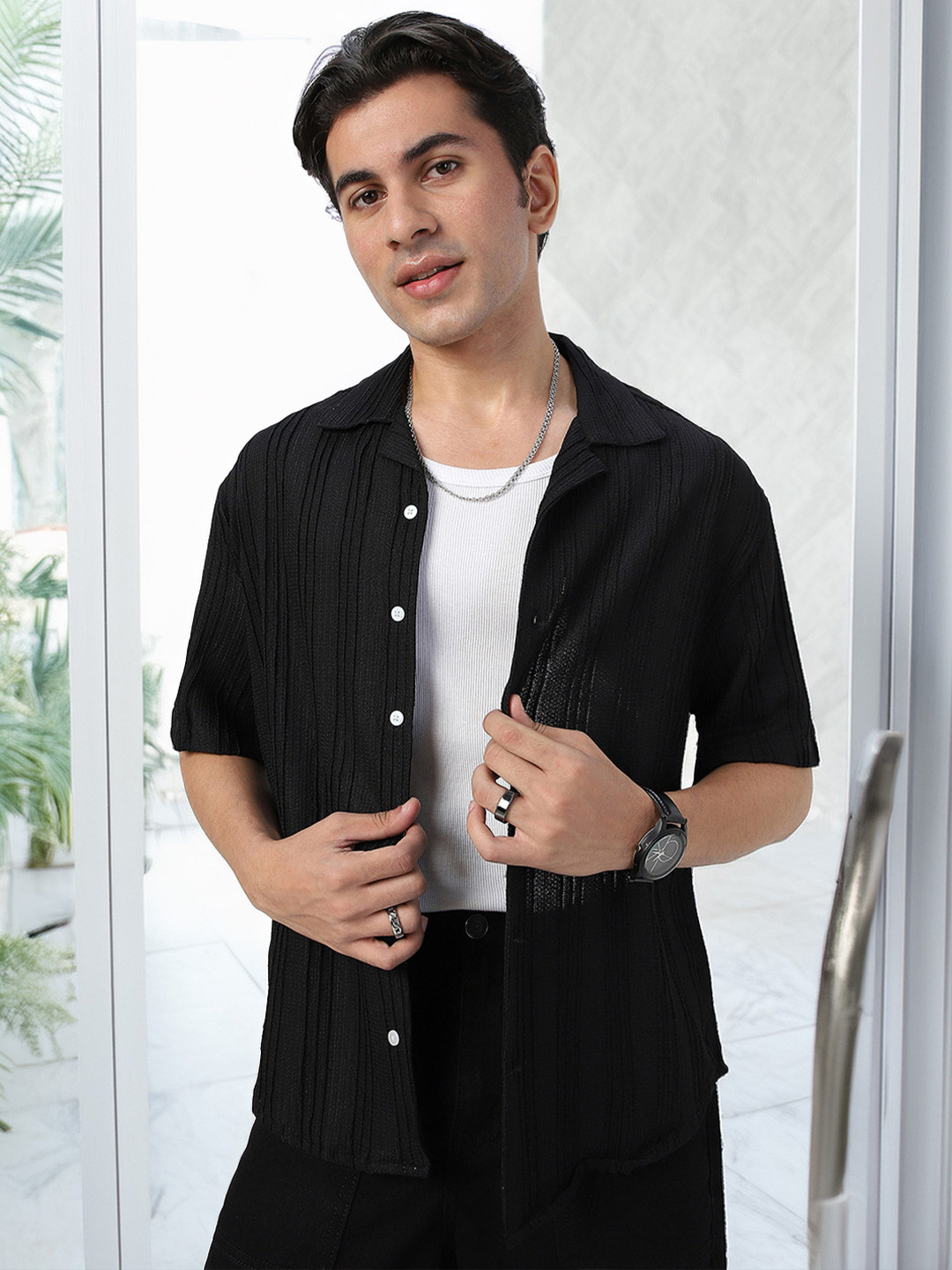Urbano Fashion Men Cotton Cuban Collar Textured Oversized Casual Shirt