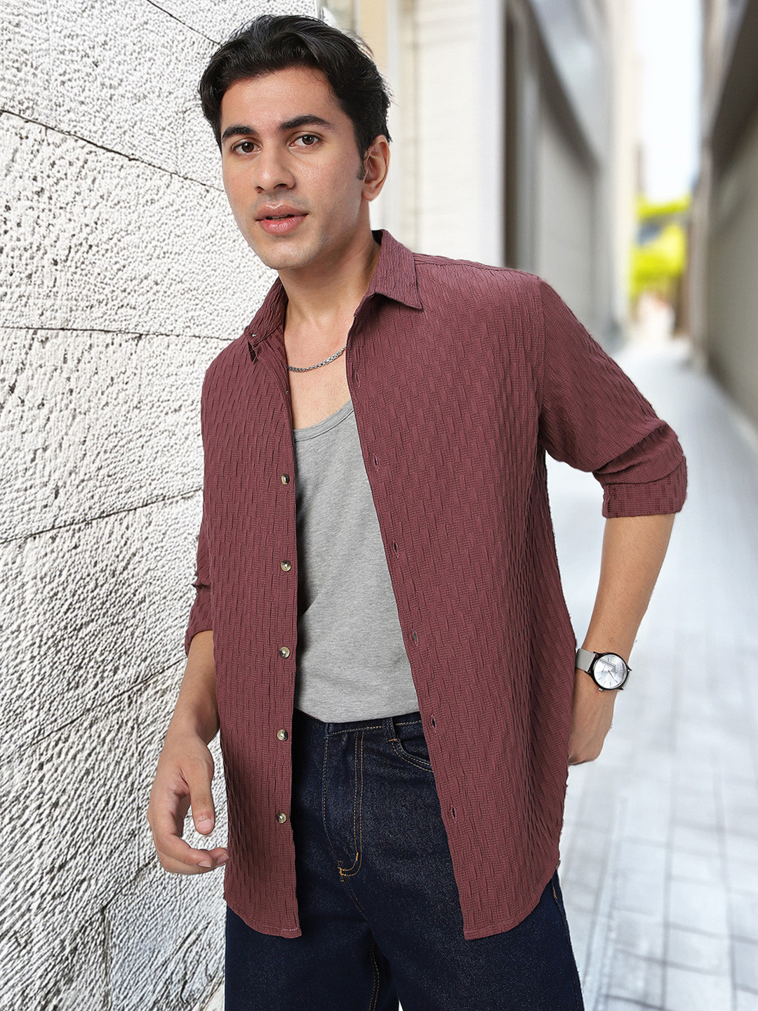 Urbano Fashion Men Spread Collar Textured Cotton Casual Shirt