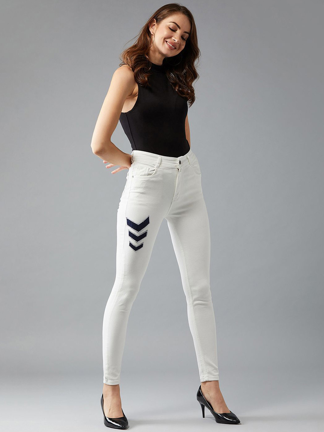 DOLCE CRUDO Skinny Fit High Rise Patchwork Detailing Stretchable Denim Jeans