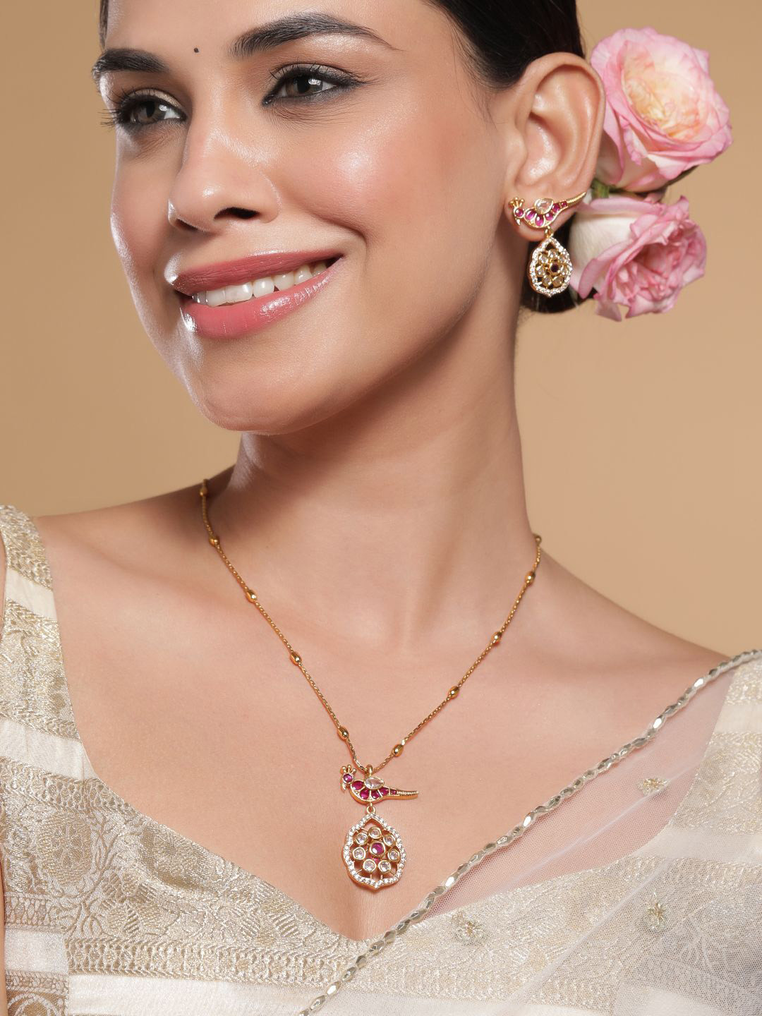 22 K Gold-Plated Ruby & Kundan with Zicronia Studded Peacock Design Necklace Set