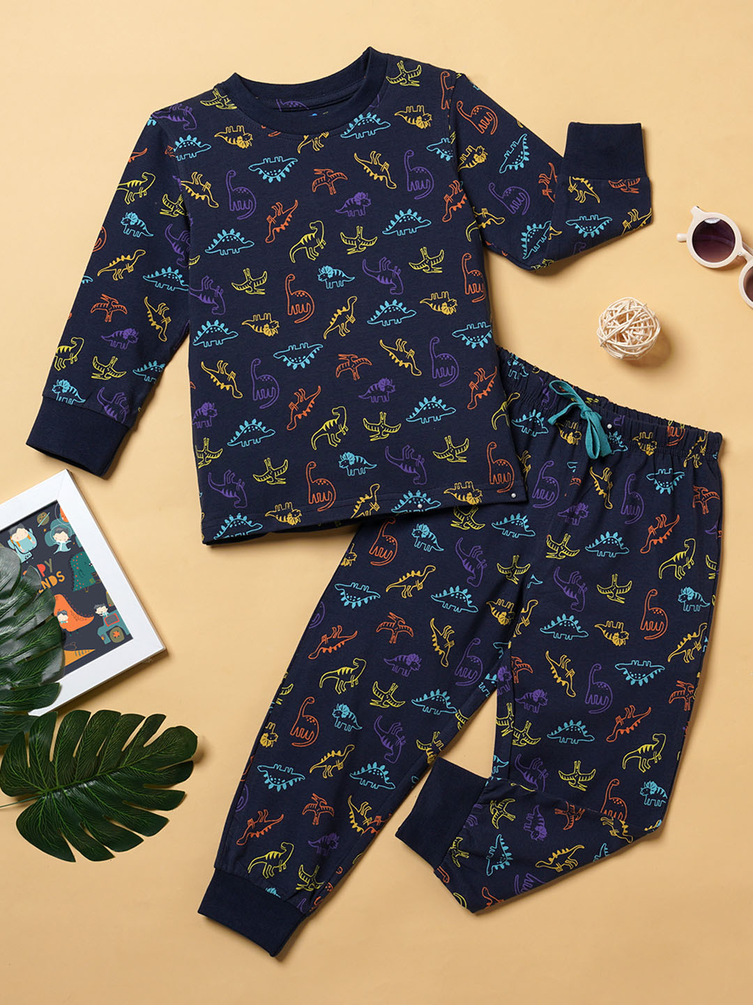 Desi Soota Kids Dinosaur Printed Round Neck Pure Cotton T-Shirt and Trouser Clothing Set