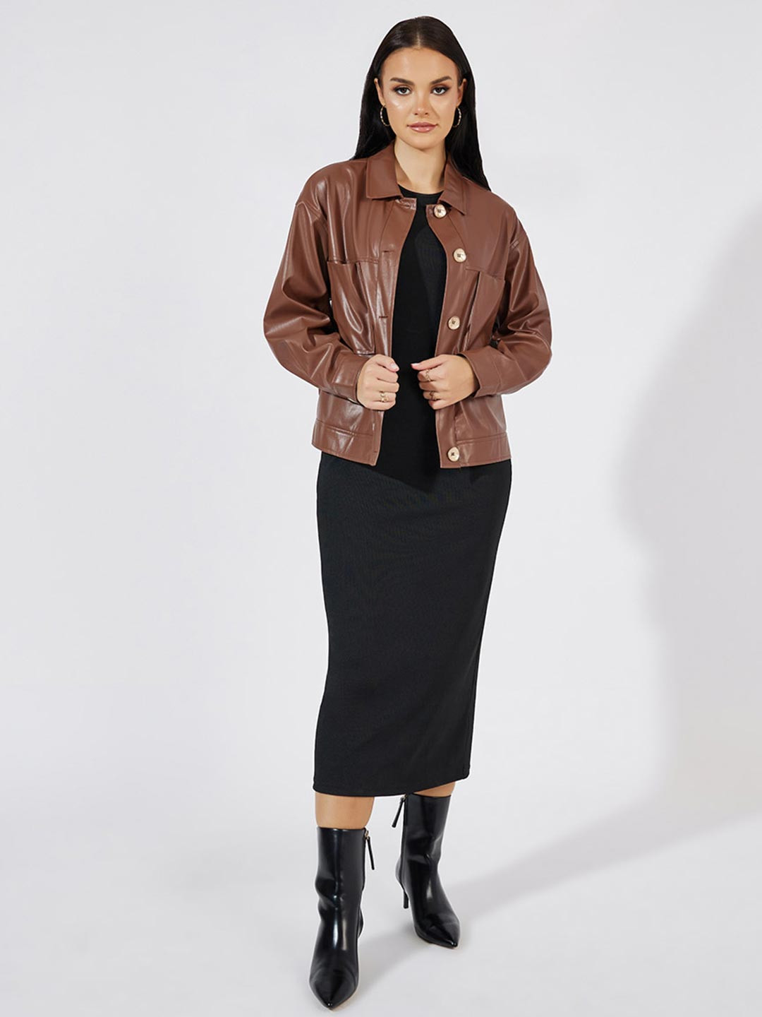 Styli Women Spread Collar Boxy Fit Regular Length PU Trucker Jacket