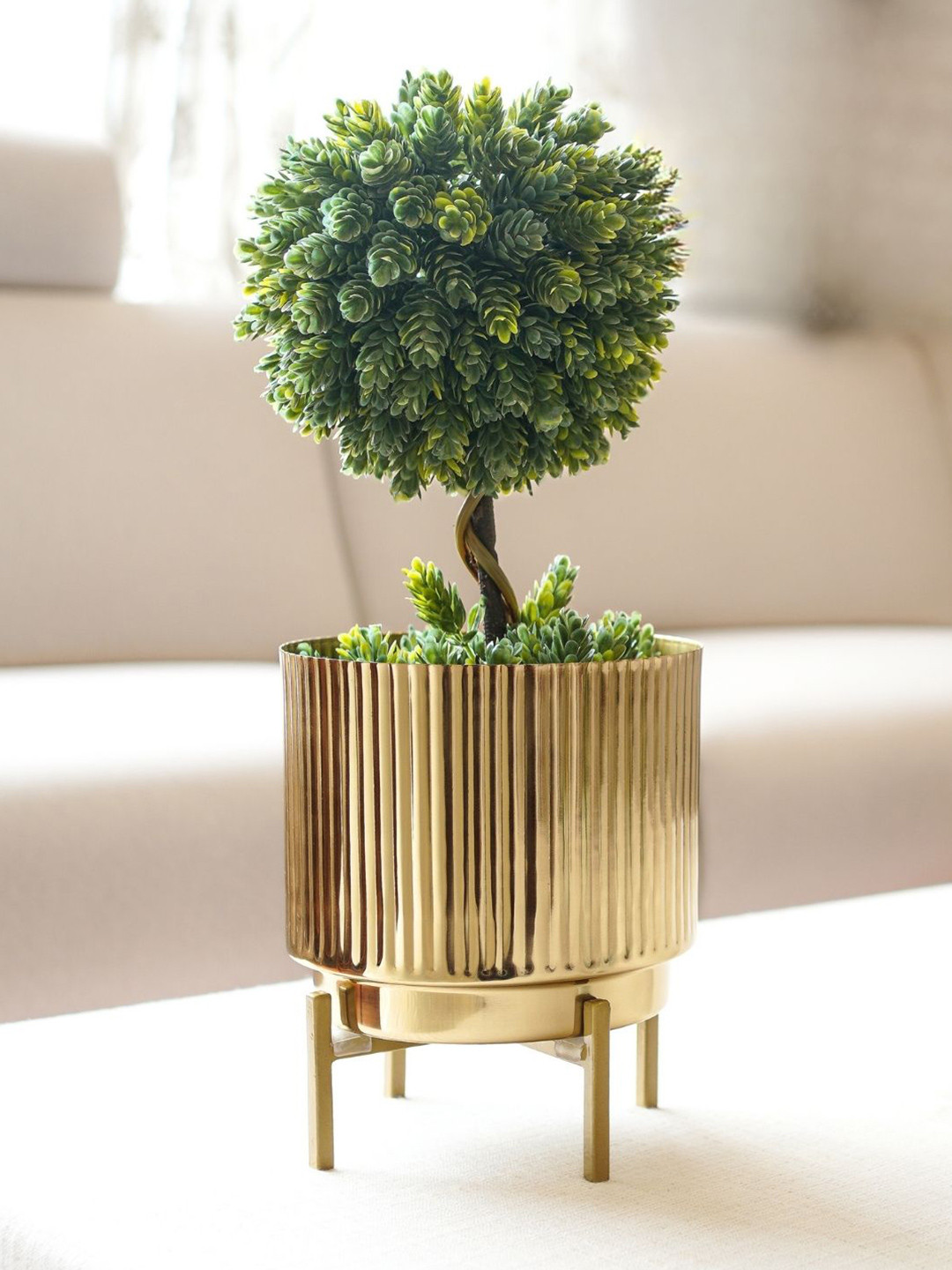 BEHOMA Gold Toned Fluted Metal Medium Planter with Stand