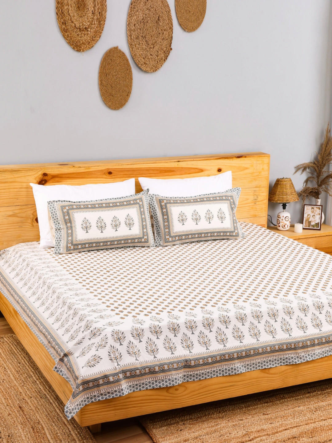 Plarsh Comfort Jaipuri Brown Floral Pure Cotton 240 TC King Fine Bedsheet with 2 Pillow Covers-108 x 108 inches