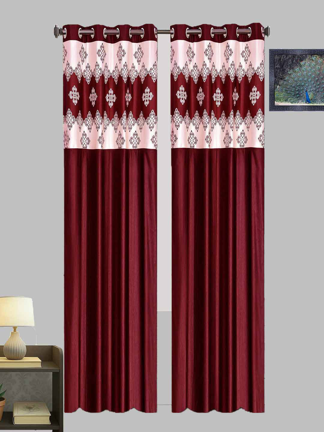Lunar Days Maroon and Beige 2 Pieces Floral Room Darkening Long Door Curtains
