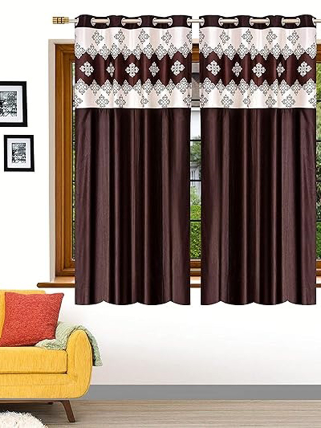 Lunar Days Brown and Beige 2 Pieces Floral Room Darkening Window Curtains