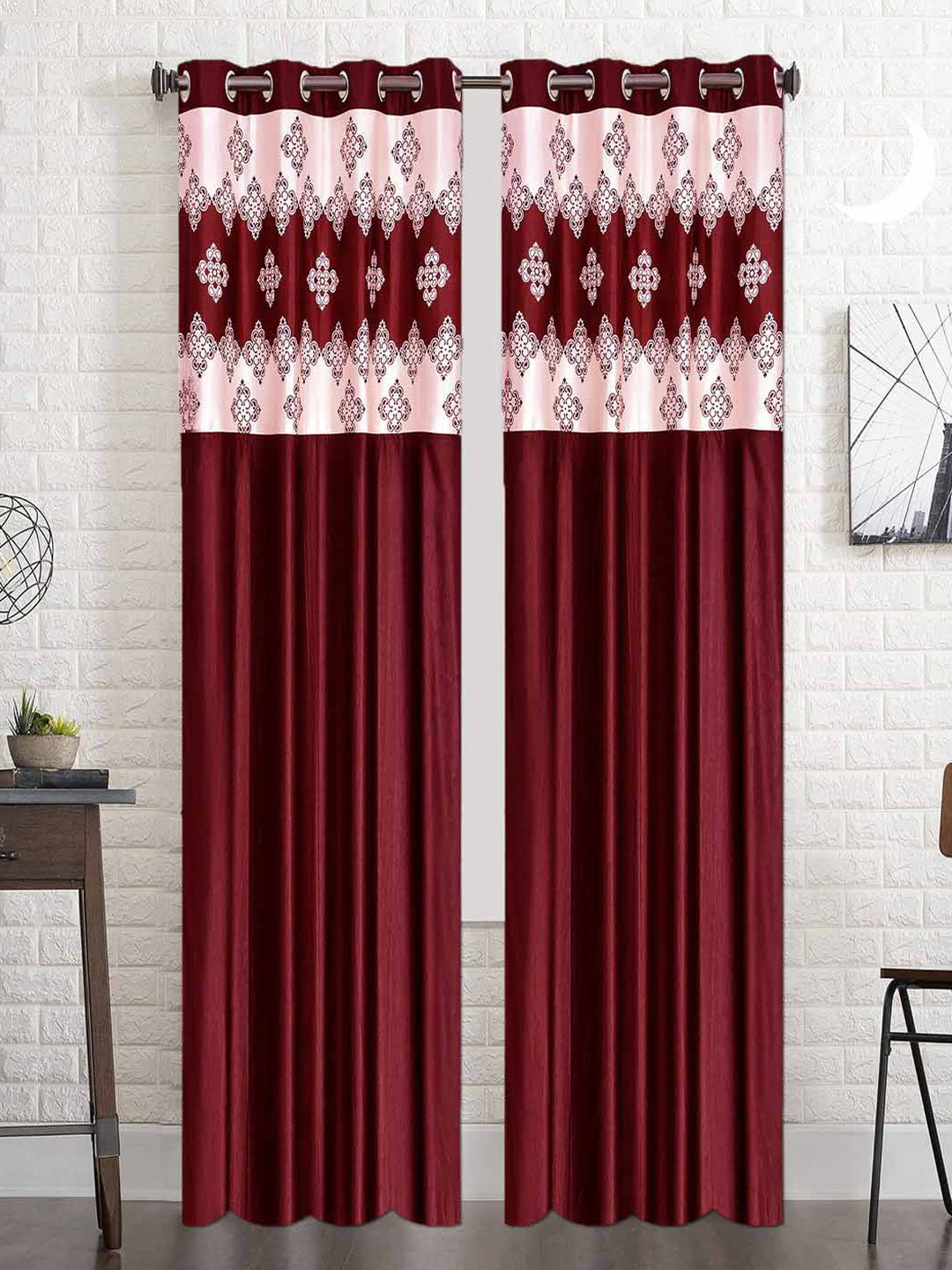 Lunar Days Maroon and White 2 Pieces Floral Room Darkening Door Curtain