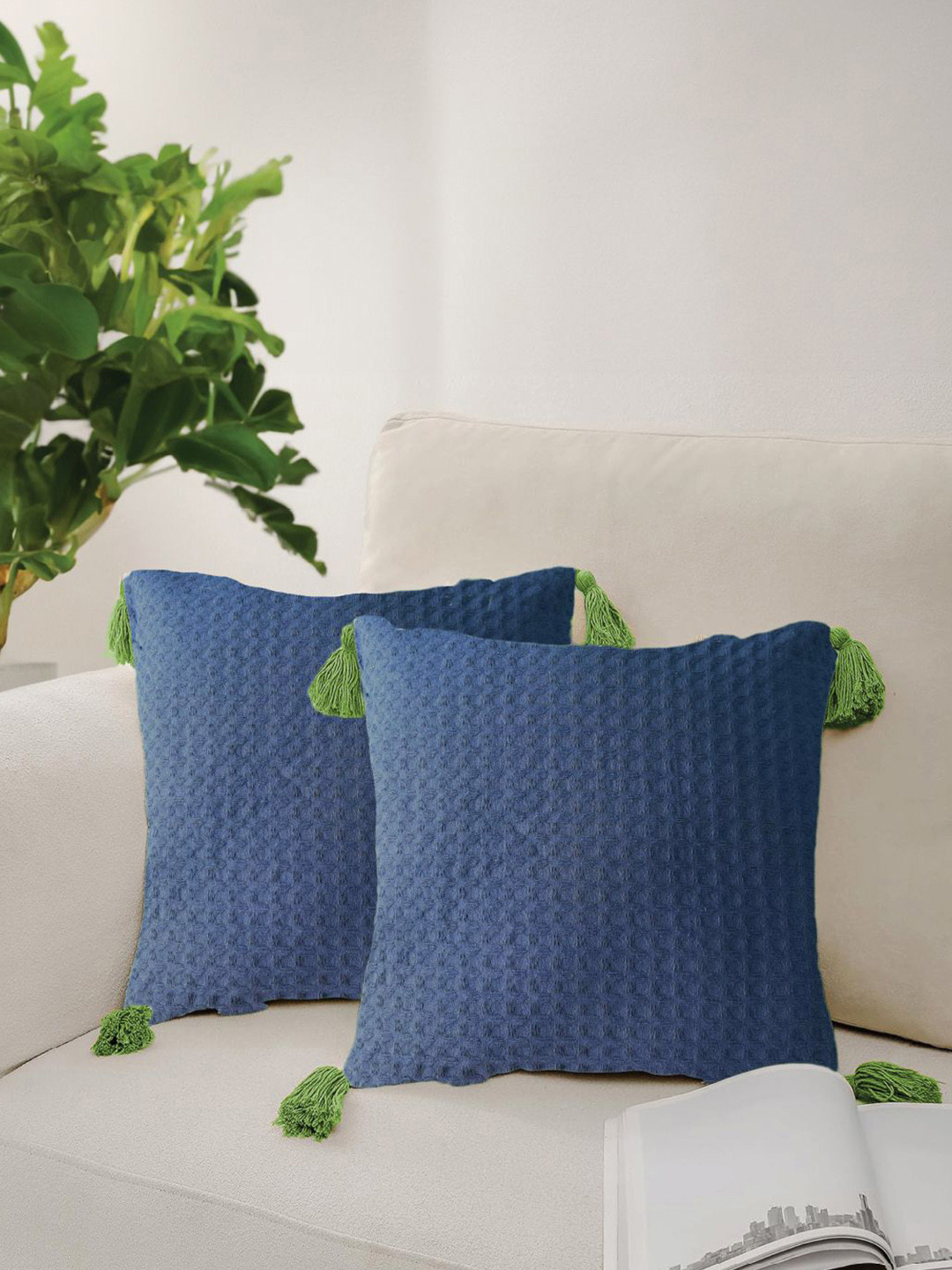 URBAN SPACE Waffle Self Design Cotton Washable 2 Pcs Textured Cushion Covers - 18 x 18 In