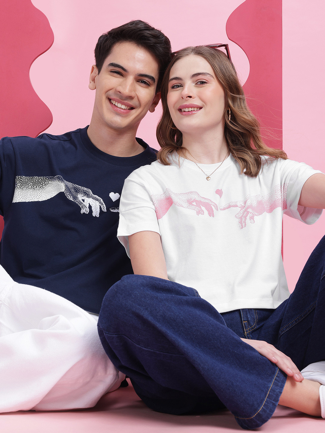 Mast & Harbour Let's Twin Graphics Print Drop-Shoulder Sleeves Boxy T-shirt