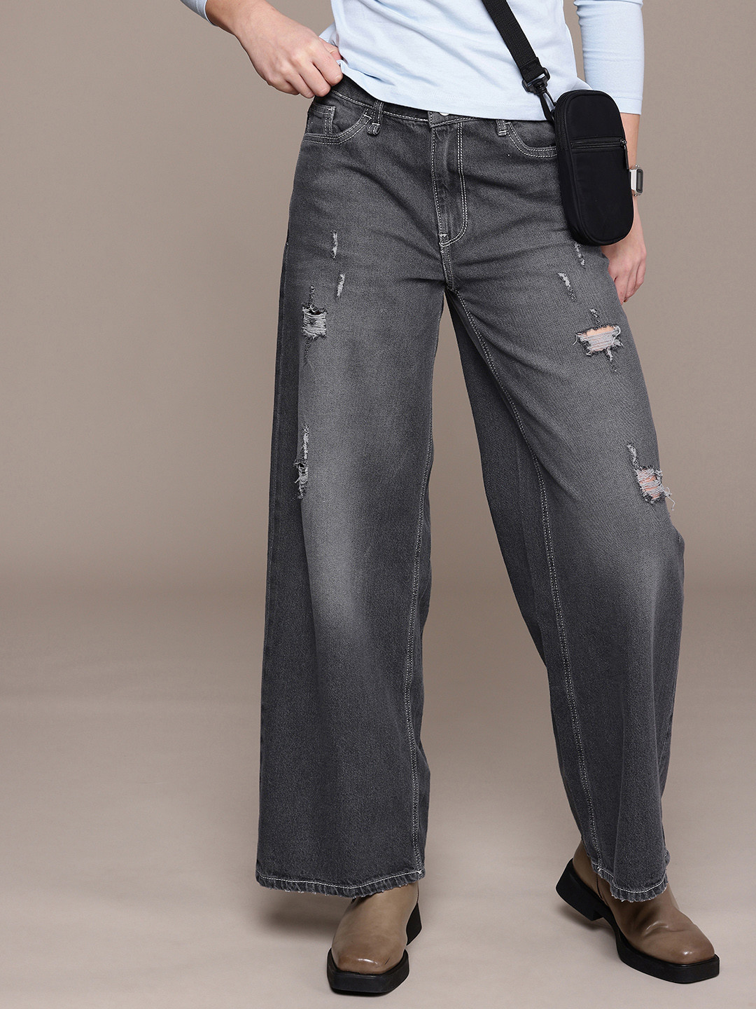 The Roadster Life Co. Women Wide Leg Baggy Fit Distressed Light Fade Pure Cotton Jeans