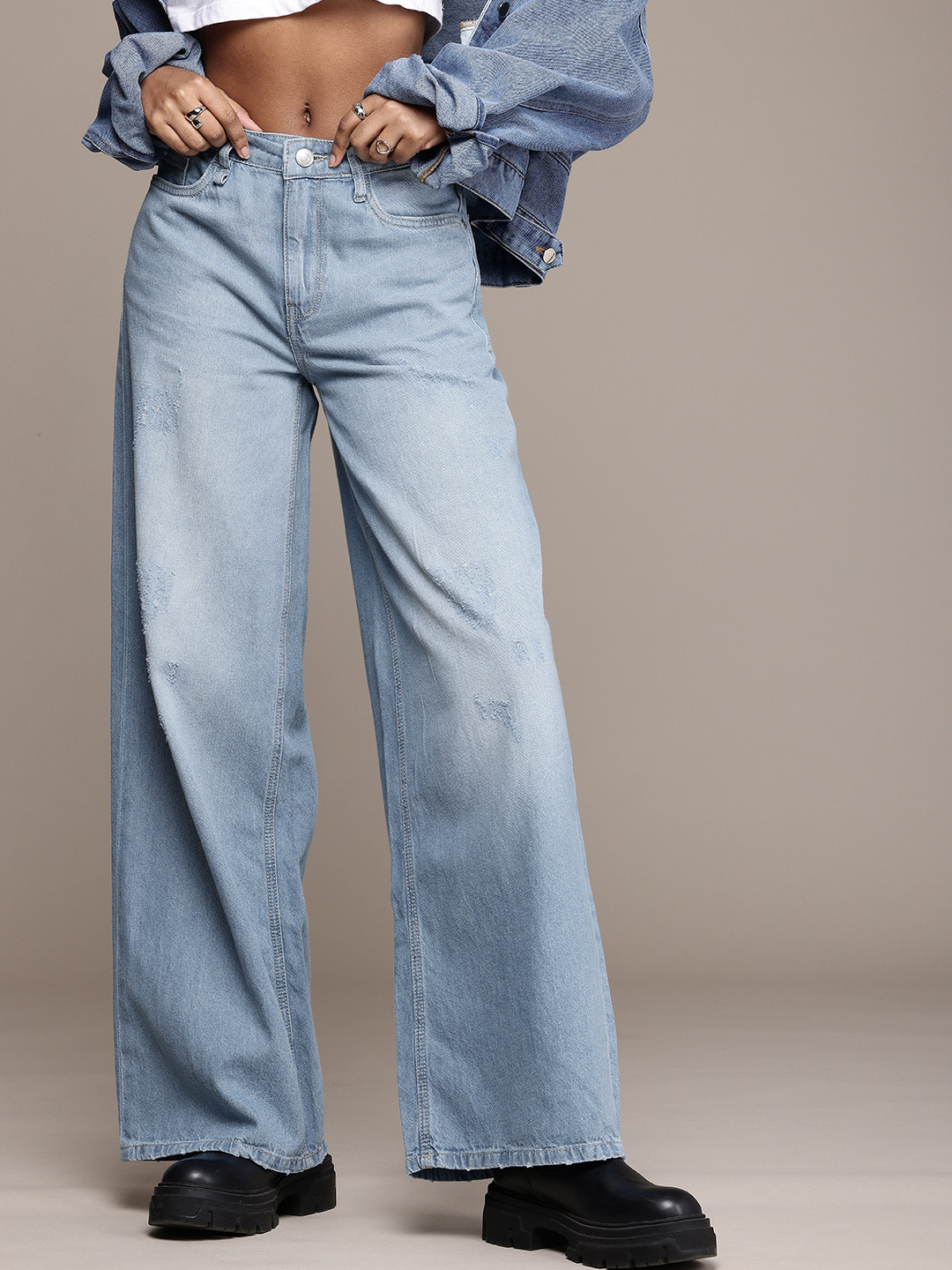 The Roadster Life Co. Women Wide Leg Baggy Fit Low Distressed Heavy Fade Pure Cotton Jeans